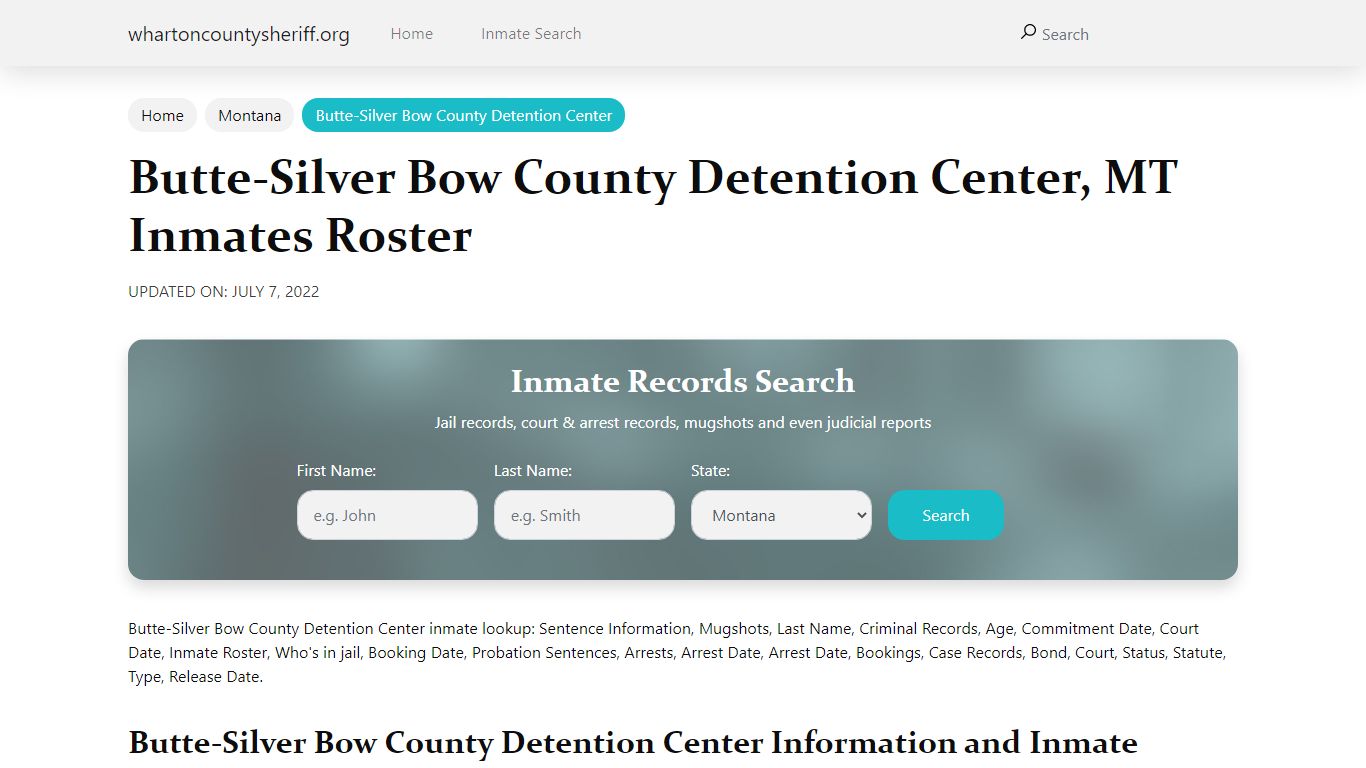 Butte-Silver Bow County Detention Center, MT Jail Roster ...